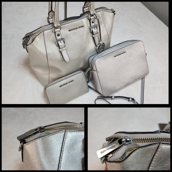 Michael Kors Purse Set of 3 Silver Metallic Shiny Handbag Crossbody Wallet Match - Picture 10 of 15